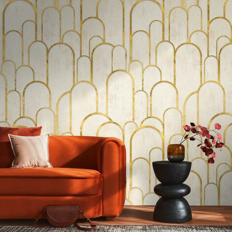 Fototapete Profhome 398571 heißgeprägte Vliestapete glatt mit grafischem Muster matt creme beige gold 1,59 m x 2,8 m