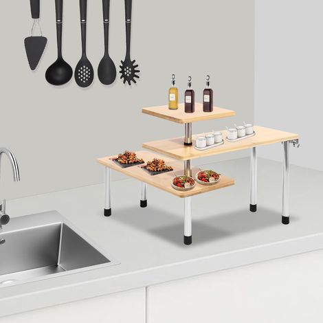 Eckregal Küchen-Eckregal Regal Küchenregal Gewürzregal Kräuterregal Tellerregal Küchengestell Tisch Organizer 3 Ebenen aus Bambus mit Haken, für Küche Büro Wohnzimmer Arbeitszimmer (Natur) (1/5)