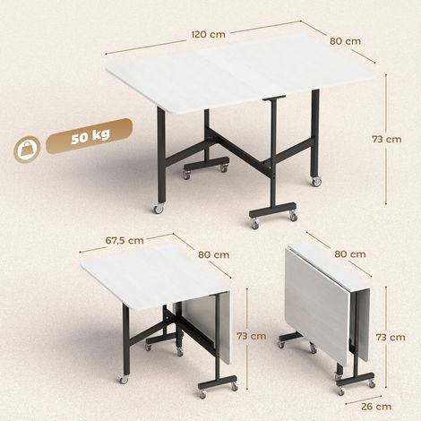 Table pliante mobile à 6 roues avec freins, table de cuisine pliable pour petits espaces, blanche (1/5)