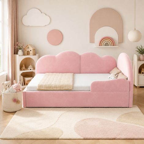 CHICFURN Sofá cama en L 90x200+90x190 cm rosa, cabecero nube, ahorra espacio (1/5)