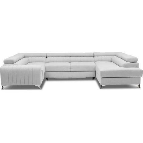 Canapé panoramique convertible LOUVE tissu - Rangement et têtières réglables à droite-Gris perle-Coffre à droite (1/5)