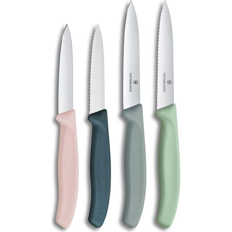 Victorinox Swiss Classic, set di coltelli per pomodori e verdure, 4 pezzi, lama affilata, 8 e 10 cm, bordo seghettato, acciaio inossidabile, Toni rossi, sfumature di verde (1/5)
