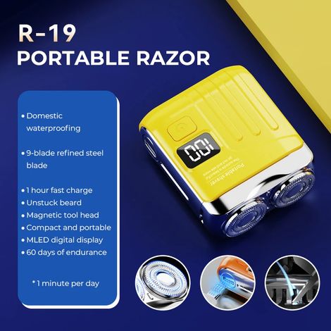Rasoir électrique intelligent (R19 Jaune), affichage numérique, mini tête de rasage double lame, rasoir de voyage, rechargeable (1/3)