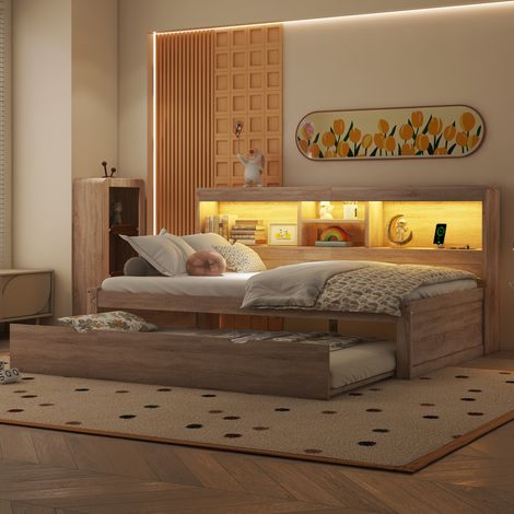 Schlafsofa 90x200 cm Natur aus Spanplatte und MDF mit Ausziehbett, LED-Beleuchtung, Steckdose und USB, Stauraum (1/5)