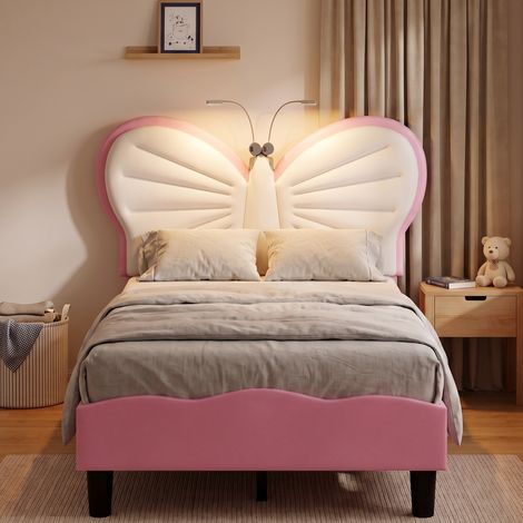 Lit simple 90x200 cm, lit enfant capitonné avec lampe de lecture, tête de lit papillon réglable et sommier, velours, Rose et Blanc (1/5)