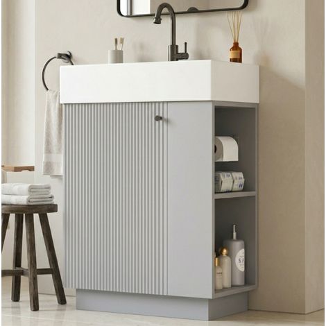REDOM mueble de baño con lavabo (55x32x87 cm), puerta soft close, almacenaje abierto, cerámica y MDF gris (1/5)