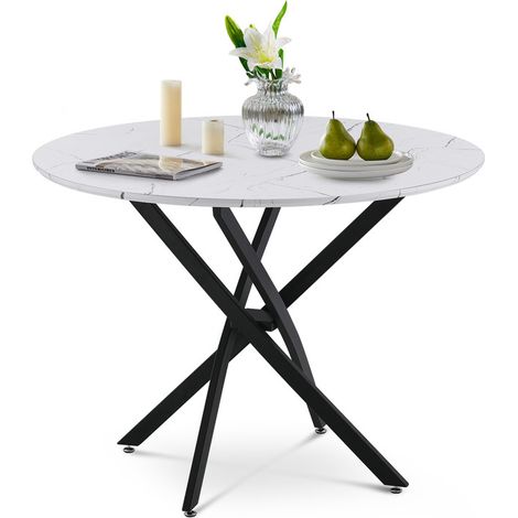 Dining Table, Round Kitchen Table, 100x75cm White Marble Effect Dining Table with Black Metal Legs (1/5)