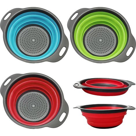 Lot de 3 passoires de cuisine pliables en silicone pour le camping, salades et légumes (1/5)