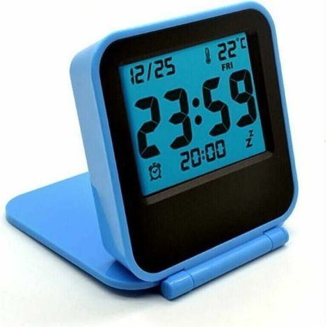 KZQ Mini petits réveils de voyage numériques avec veilleuse LCD, horloge de voyage à piles, mini horloge de température de poche pliable portable pour extérieur, lit, bureau, table, camping-car (bleu) (1/5)