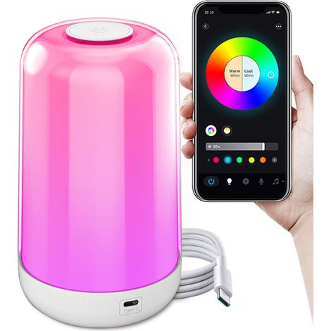 Lampe de chevet LED connectée BT 7 couleurs tactile rechargeable 3600mAh RGB variateur portable sans fil pour chambre salon 97x170mm blanc PC+PP 1 cable USB (1/4)