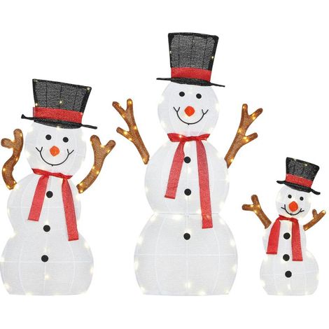 Famille de bonhommes de neige de Noël en 3 pièces, décoration extérieure, lumières LED, piquets de fixation, étanche, acier, polyester, blanc (1/5)