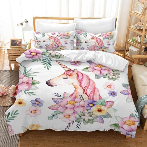 Ensemble de literie Licorne avec fermeture éclair pour enfants, 140x200 cm, Rose