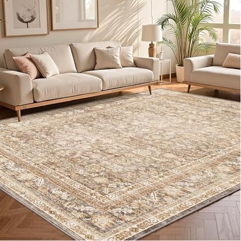 Tapis beige vintage 120x180 cm, lavable, antidérapant, à poils courts, imitation laine, doux et vieilli, pour salon, chambre, cuisine, bureau.