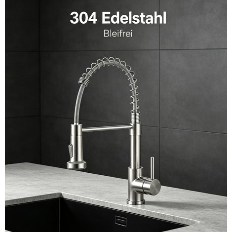 DUSCHPARADIES Küchenarmatur mit Spiralfeder Ausziehbare Brause 360°Schwenkbar Edelstahl 2 Strahlarten Hochdruck Wasserhahn Gebürstet (1/5)