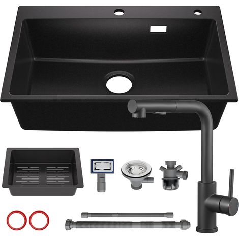 Sofetiy Max Évier en granit 70 × 45 cm, évier de cuisine en résine avec mitigeur extractible, évier à poser incluant panier d'égouttage et siphon (1/5)