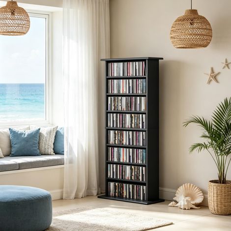 Meuble CD DVD 58x24x126,3 cm en panneaux de particules noir, 8 niches gain de place – MEUBLIV (1/5)