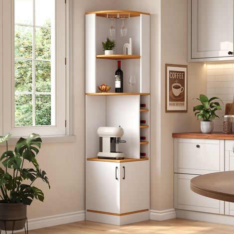 Meuble bar d'angle 40x40x182 cm avec porte-verres, casier à bouteilles, 4 niches vin et rangement fermé MDF,blanc (1/5)