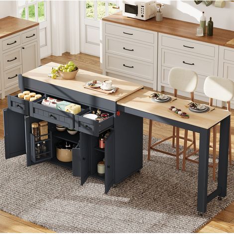 Îlot de cuisine à roulettes extensible avec range-épices et tiroirs, gris HAVRYA (1/5)