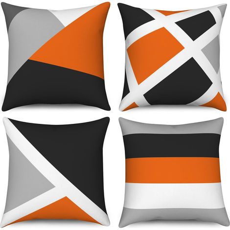 Lot de 4 Housse de Coussin Orange 45x45 Set de, Gris et Noir Moderne Abstrait Rayures Simple Géométrique Décoratif Housse de Coussin en Lin Housse de Coussin pour canapé Jardin extérieur Home Decor (1/5)