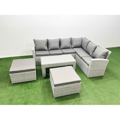 Fimous 8 Seater Garden Outdoor Rattan Furniture Set Rattan Corner Sofa Oblong Coffee Table Set with 2 Big Footstools Light Grey Mixed (1/4)