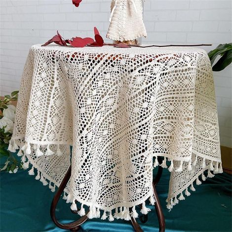 Häkel-Tischdecke Beige Vintage Baumwolle mit Spitze 140 x 160 cm