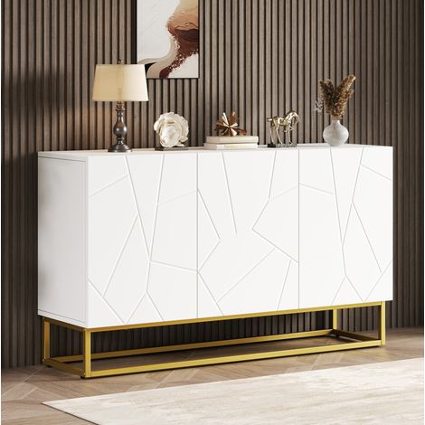 Sideboard aus Spanplatte in Weiß/Gold, 130 x 38 x 76 cm, 3 Türen, verstellbare Einlegeböden, Hochglanzfront (1/5)