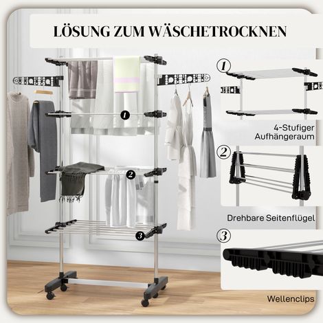Sèche-linge pliant 5 niveaux, système One-Click, 142 x 55 x 172 cm, Noir et Argent (1/4)