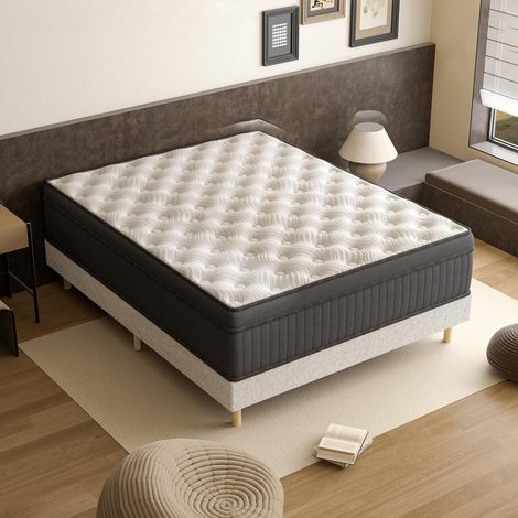 DEWINNER Ensemble Lit 140×190, Matelas Hybride 25cm 7 Zones + Sommier Tapissier 2×14 Lattes, Dureté Moyenne, Mousse à mémoire de Forme-Ressorts Ensachés, Noir (1/5)
