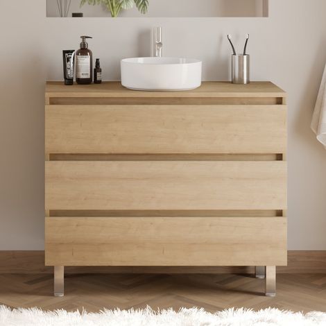 Meuble de salle de bain 100cm avec plateau et vasque à poser ronde - 3 tiroirs - sans miroir - nebraska (chêne clair) - MAYOR