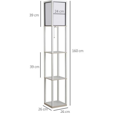 Lampadaire 40 W, 3 étagères, interrupteur à tirette, en bois et PS, 26 x 26 x 160 cm, blanc (1/5)