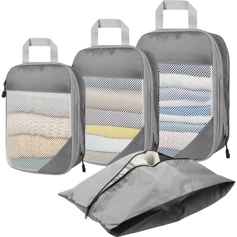Lot de 4 organisateurs de voyage extensibles en filet pour valise ou rangement à domicile (gris)