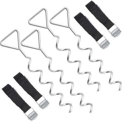 Trampolin-Befestigungsset, 4er-Pack, Bodenanker, Spiral-Erdanker, 4 Heringe und 4 Gurte, Befestigungsmaterial für Schaukeln, Silber und Schwarz