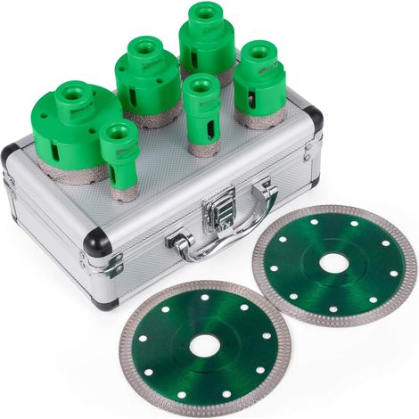 Scie Cloche Diamantée, Qualité Première Foret Diamant Cylindrique 6 pièces, avec 2 lames, Boitier portable léger, pour les carreaux/le granit/le marbre/les autres pierres/la porcelaine