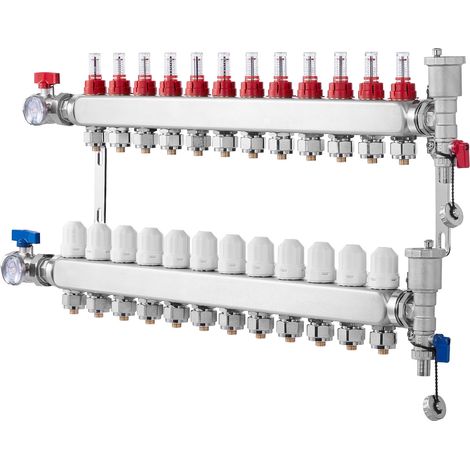 Mophorn Colector de calor radiante de 12 derivaciones , colector de tubería PEX de 1/2", colector PEX de acero inoxidable para calefacción por suelo radiante hidrónico, kit de colector PEX de calor (1/5)