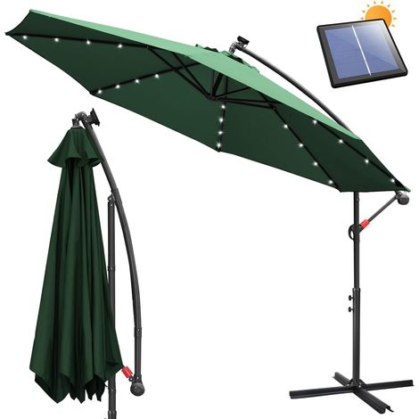 350 cm Parasol de jardin exterieur avec éclairage Solaire LED, Parasol Déporté en Aluminium avec Protection UV, pour Jardin, terrasse, Balcon (Vert) (1/5)