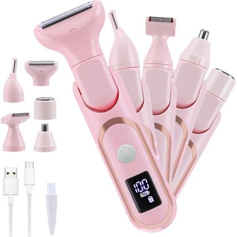 5 en 1 Épilateur électrique pour femme, rasoir électrique étanche et indolore, rechargeable (rose) (1/5)