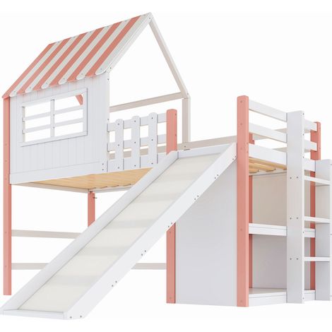 Letto a soppalco per bambini 90 x 200 cm con scivolo, scala di sicurezza, vani e tetto, rosa HOMVRA (1/5)