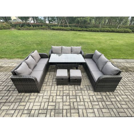 Fimous Rattan Garden Furniture Set with Oblong Rectangular Dining Table 2 Small Footstools 11 Seater Outdoor Lounge Sofa Set Dark Grey Mixed