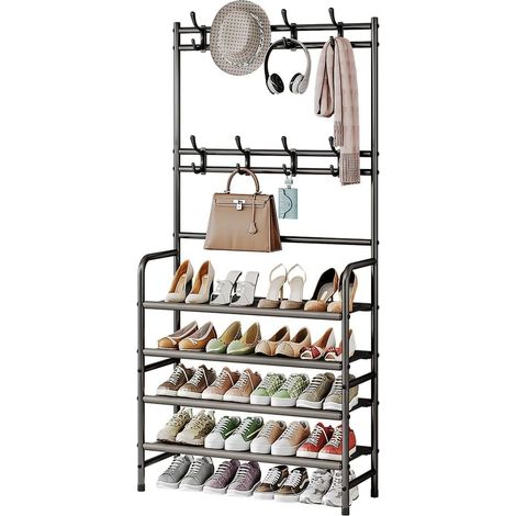 Porte-manteau à chaussures autoportant avec étagère de rangement et 8 crochets, pour entrée, chambre à coucher et vestiaire, 4 étages, blanc (Bronze, 4 niveaux) (1/5)