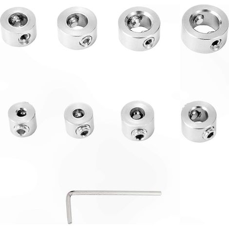 Set aus 8 Edelstahl-Tiefenanschlägen mit Inbusschlüssel, Positionierringen und Hülsen 3-10 mm für präzises Bohren. (1/5)