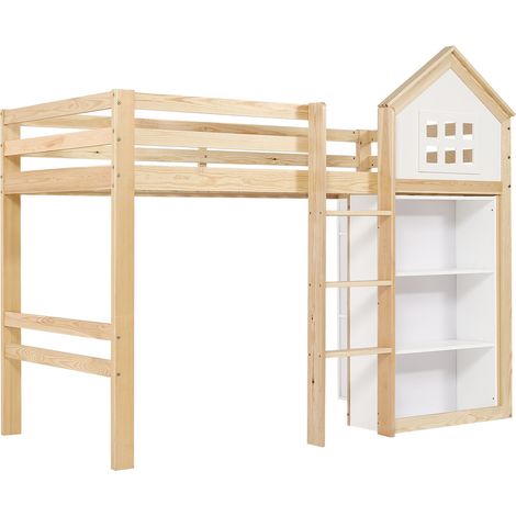 Cama alta infantil con almacenaje y cajones 90x200 cm blanco y natural (1/5)