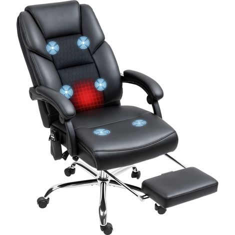 Chaise de bureau massante et chauffante dossier inclinable repose-pieds cuir PU Noir