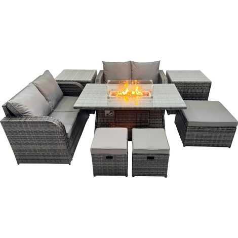 Fimous 7-seater Patio Gas Firpit Dining Table Sofa Sets Rattan Garden Furniture Dining Set with 3 Stools 2 Side Tables Dark Grey Mixed (1/5)