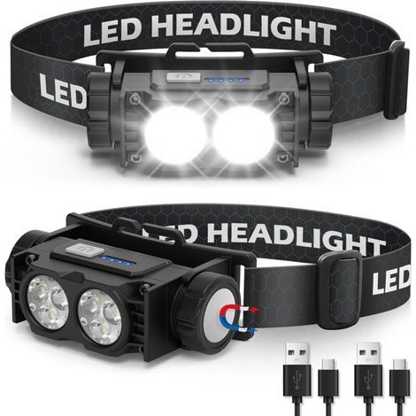 2-teiliges Stirnlampen-Set. Extrem leistungsstarke LED-Stirnlampe. 3 Leuchtmodi, wasserdicht (IPX5), USB-aufladbar. Ideal zum Angeln, Campen, Radfahren und Laufen (Schwarz).