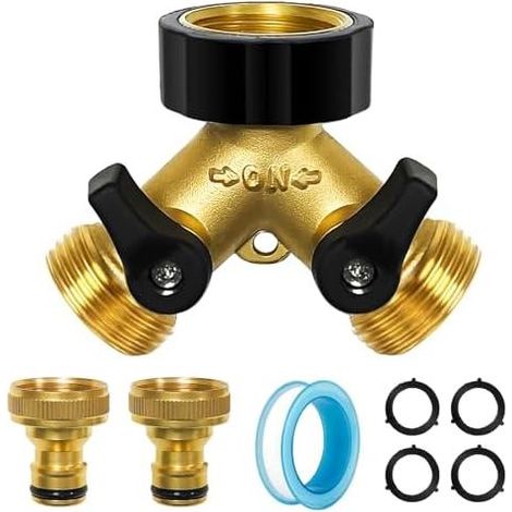 Distributeur d eau en Y 2 voies avec robinets d arret individuels Adaptateur de robinet pour tuyau d arrosage Jardin maison exterieur Or (1/5)