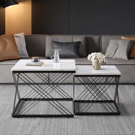 Tables basses 60x60x45 cm  et 45x45x40 cm en finition marbre blanc, set moderne 2 pièces (1/5)