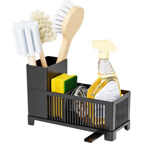 Soporte para esponjas de fregadero, organizador de esponjas, organizador de fregadero de plástico con bandeja de drenaje automática para accesorios de cocina (esponja/cepillo/jabonera).