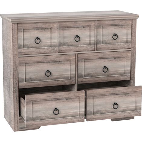 Commode en bois gris, buffet de grande capacité avec 7 tiroirs, pour chambre à coucher, salon, couloir (1/5)