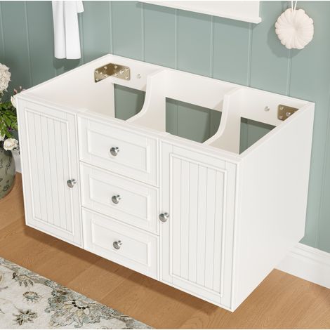 Mueble bajo lavabo suspendido con 3 cajones, manijas plateadas, blanco (1/5)