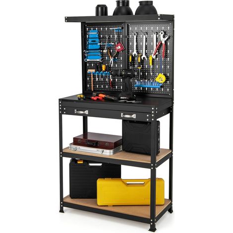 Établi Atelier Garage avec Étagères et Tiroirs 2 Panneaux Perforés, Table de Travail avec 14 Accessoires Crochets, 81 x 41 x 155 cm (Noir+Bleu) (1/5)